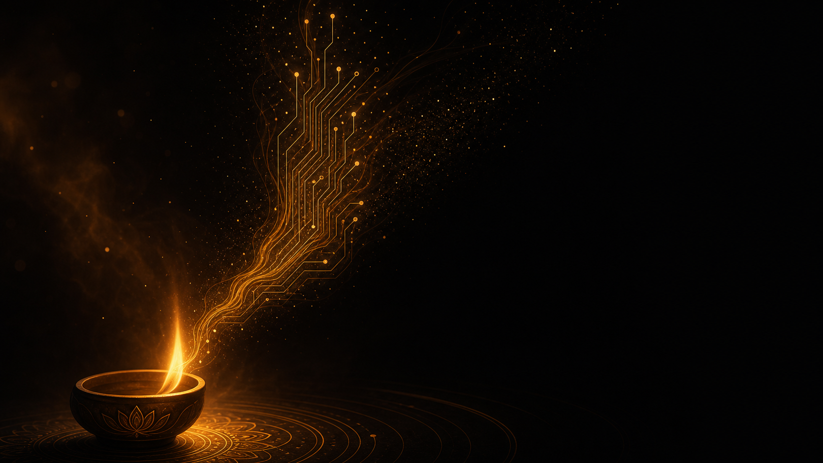 A gold diya flame dissolving into circuit traces, craft meets technology
